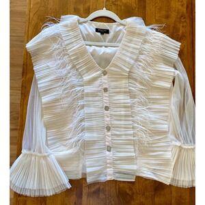 BEULAH STYLE Women Sheer Feather Trim Ruffle V Neck Button Front Blouse  L EUC